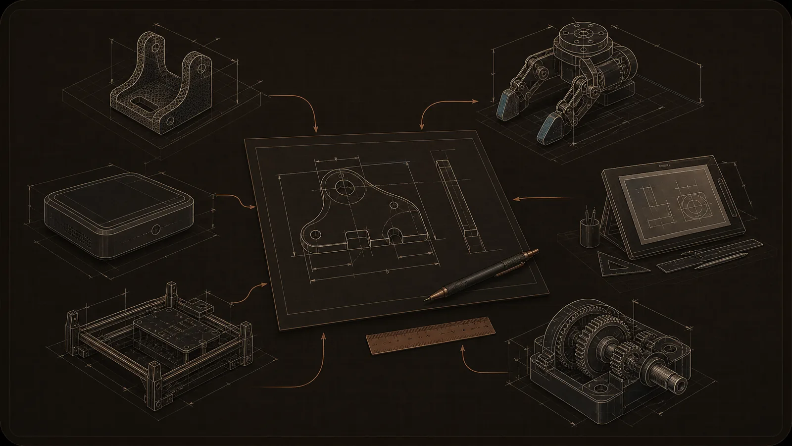 CAD-style drawings for 3D printing, robotics, product design, education, hardware startups, and mechanical engineering