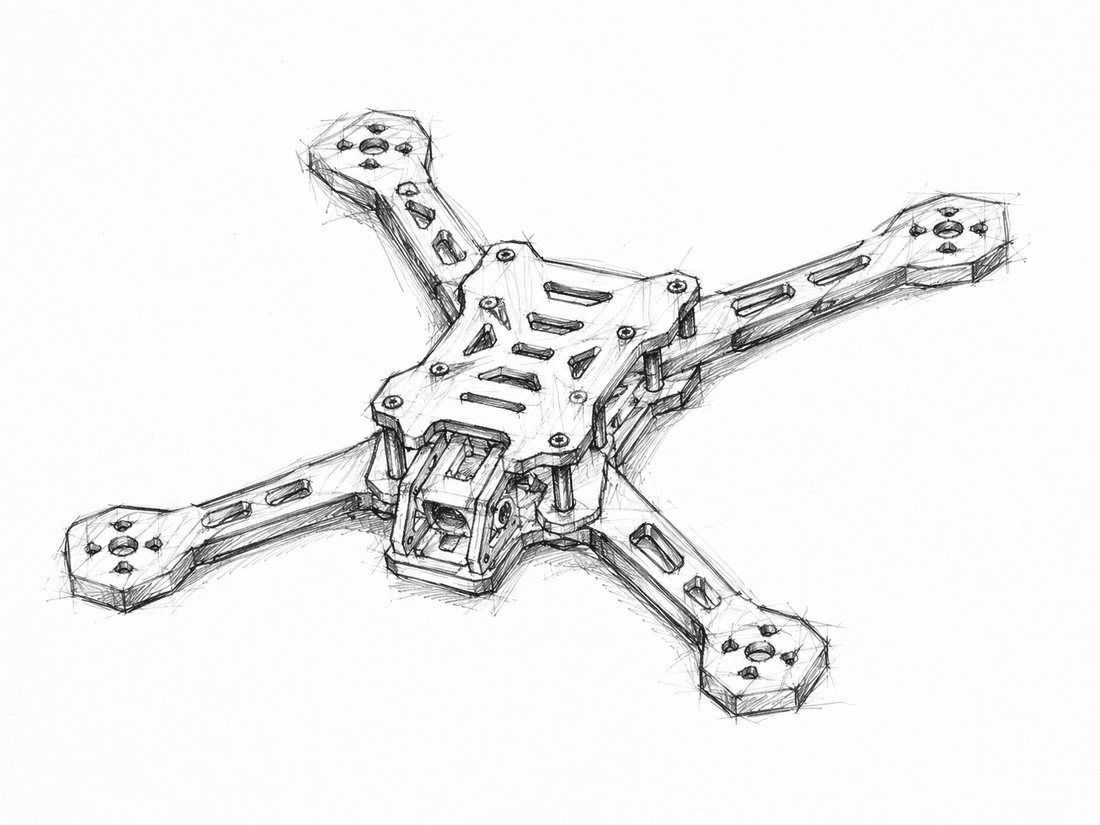 Technical sketch of a cinematic drone frame