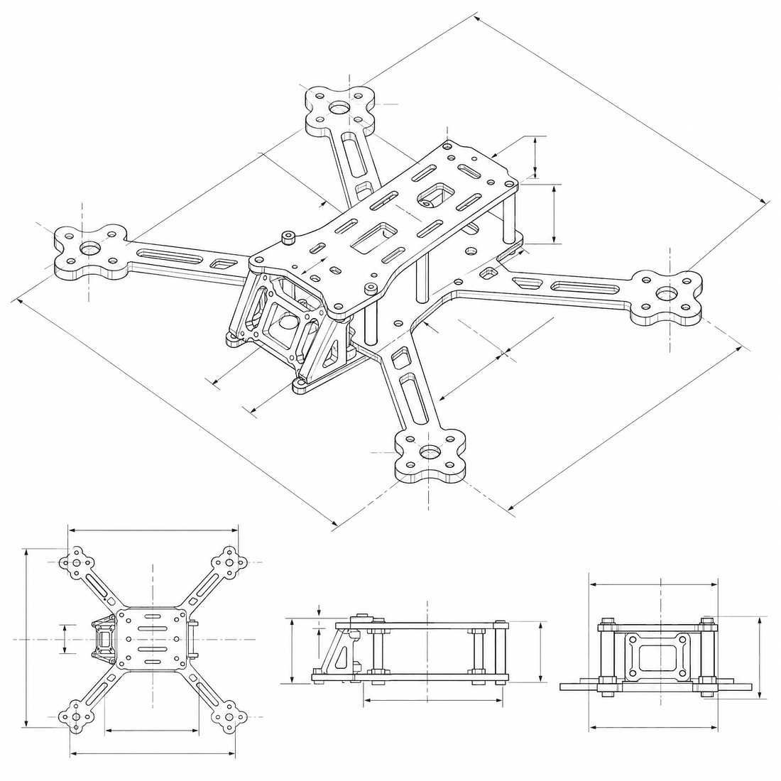 CAD-style technical drawing of a Drone frame generated by DrawCAD