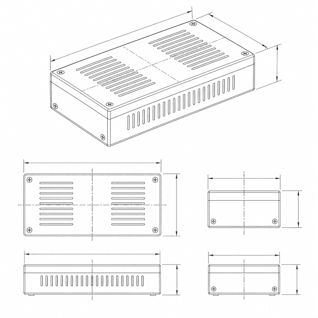 CAD-style technical drawing of a Electronics enclosure generated by DrawCAD