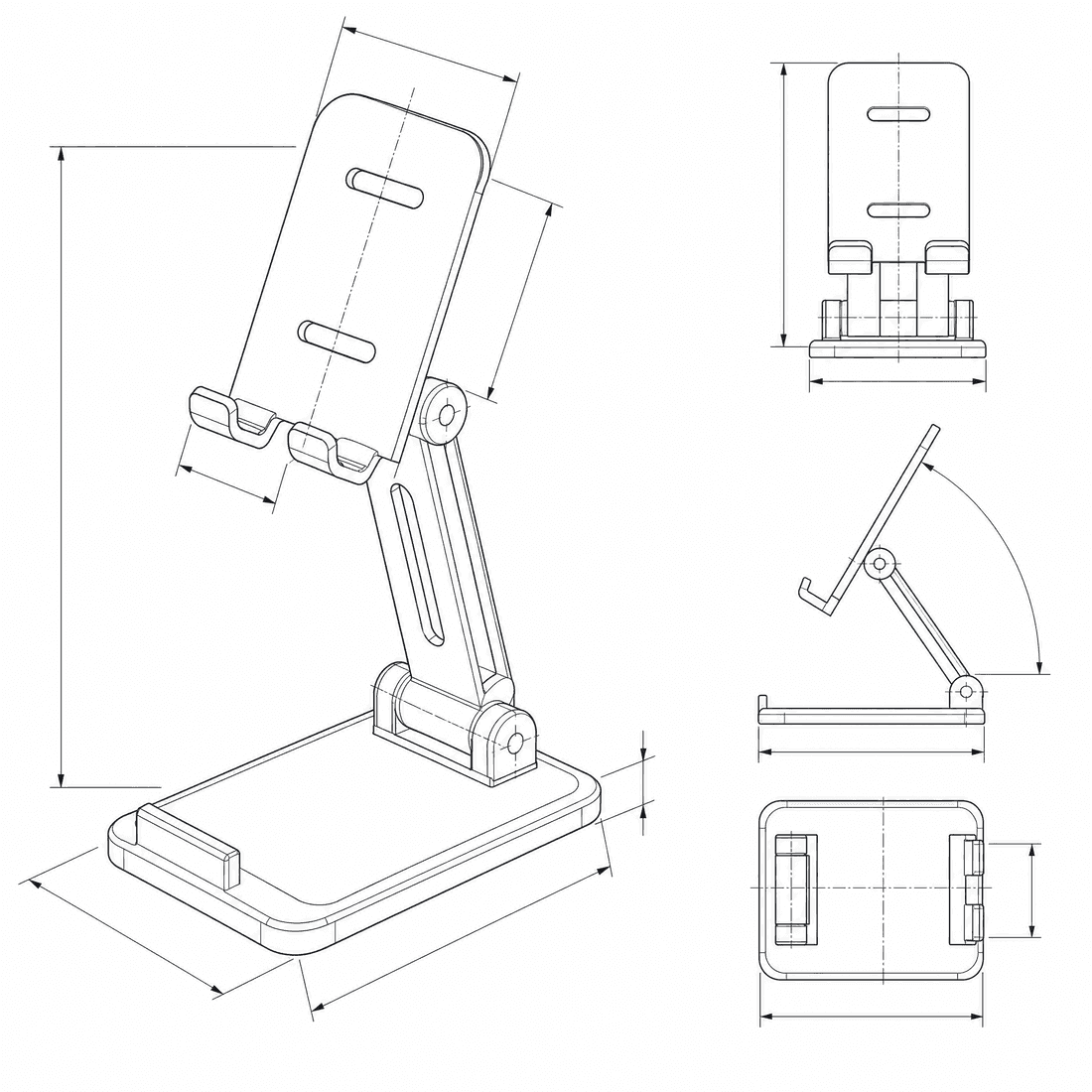 CAD-style technical drawing of a Phone stand generated by DrawCAD