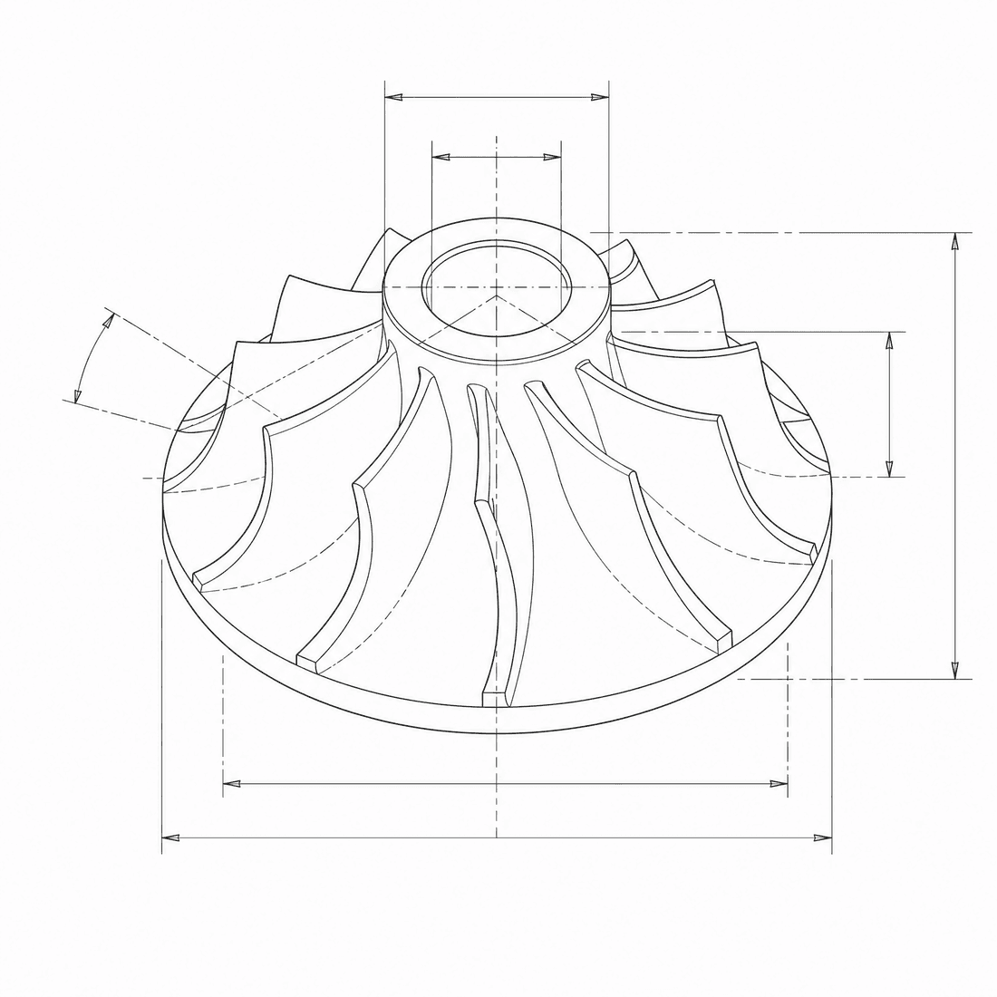 CAD-style technical drawing of a Turbine impeller generated by DrawCAD