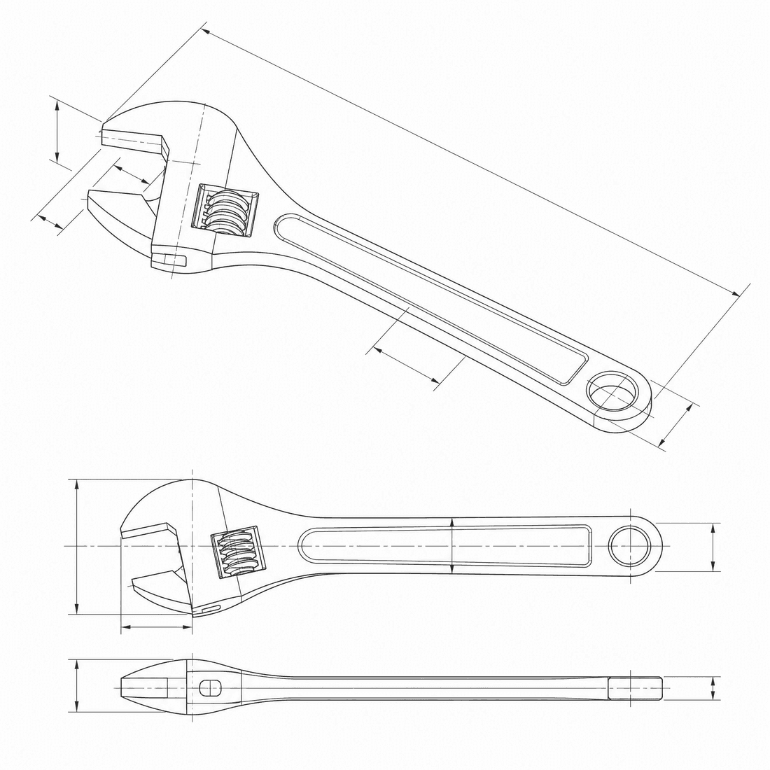 CAD-style technical drawing of a Adjustable wrench generated by DrawCAD