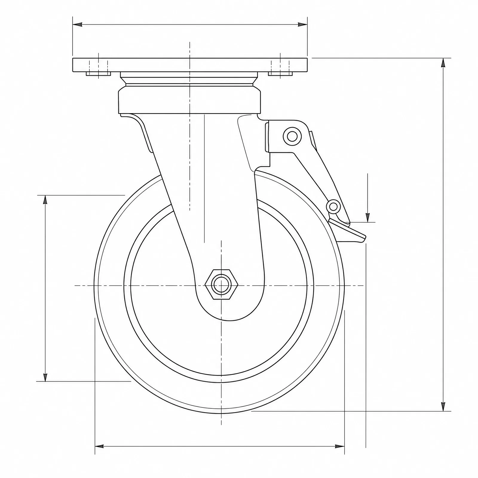 CAD side view of a braked swivel caster