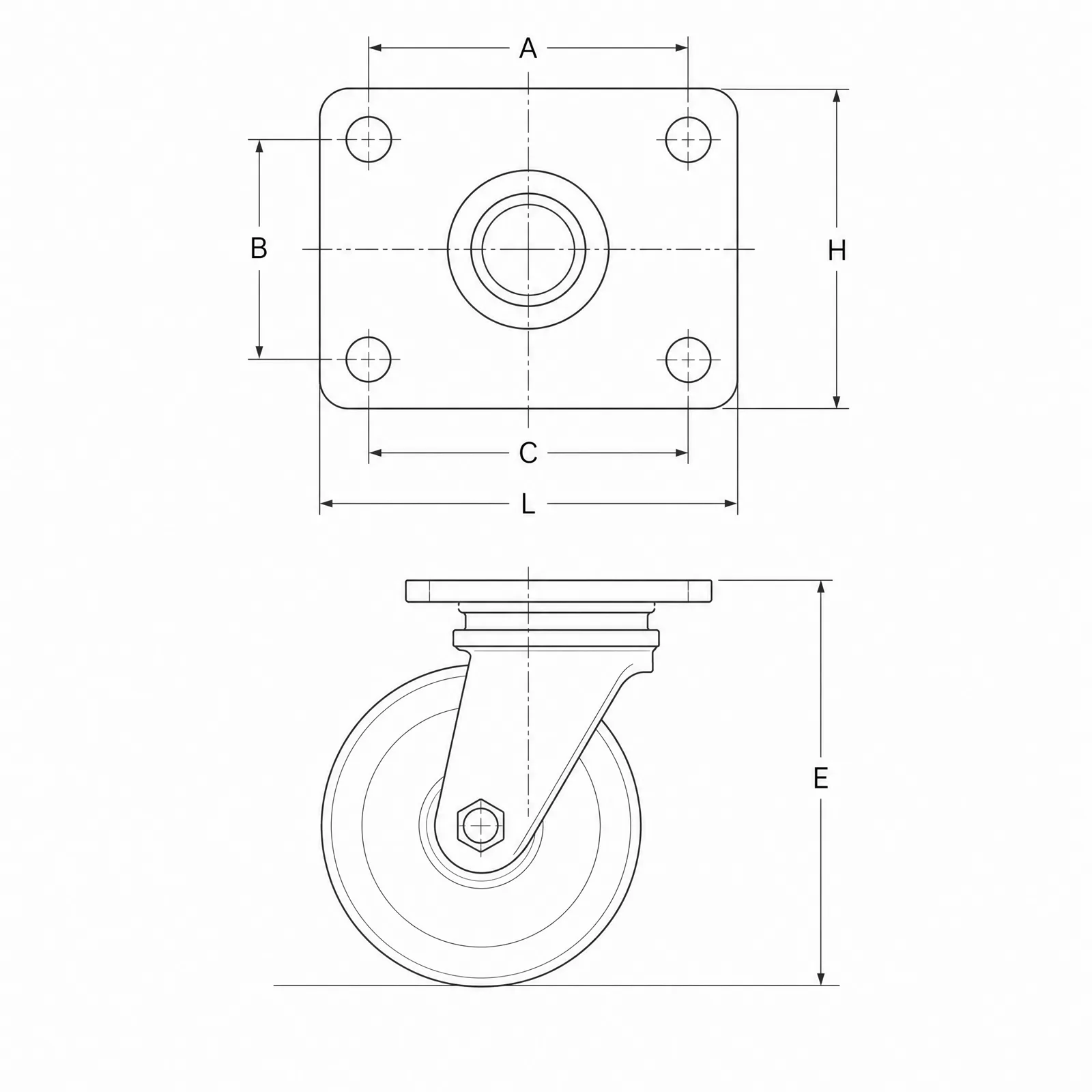 CAD-style top view of a caster mounting plate hole pattern