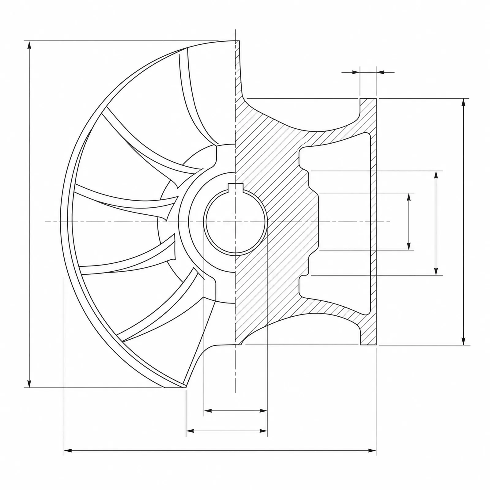 Sectioned CAD drawing of a centrifugal impeller