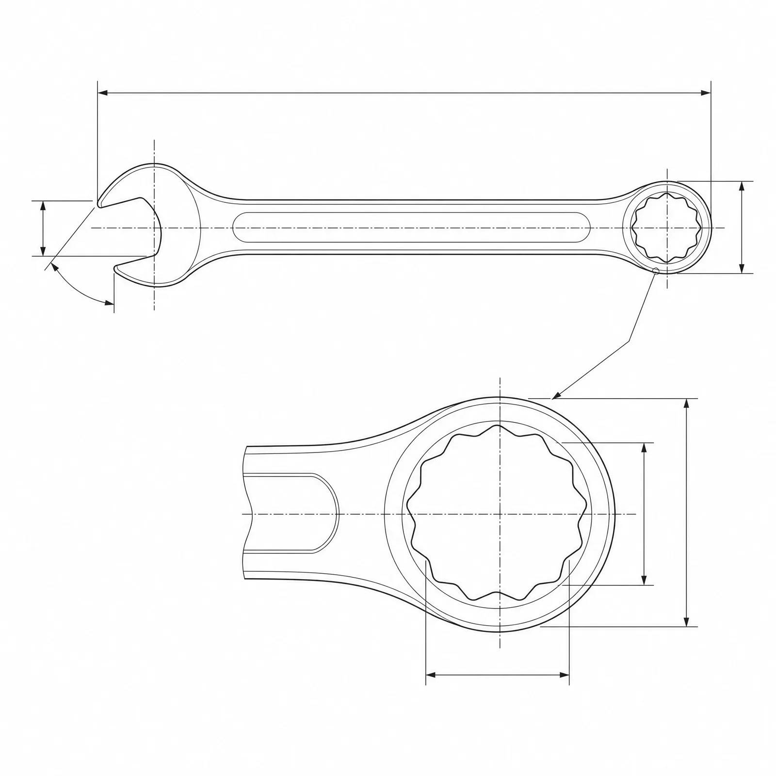 CAD-style drawing of a 13 mm combination wrench