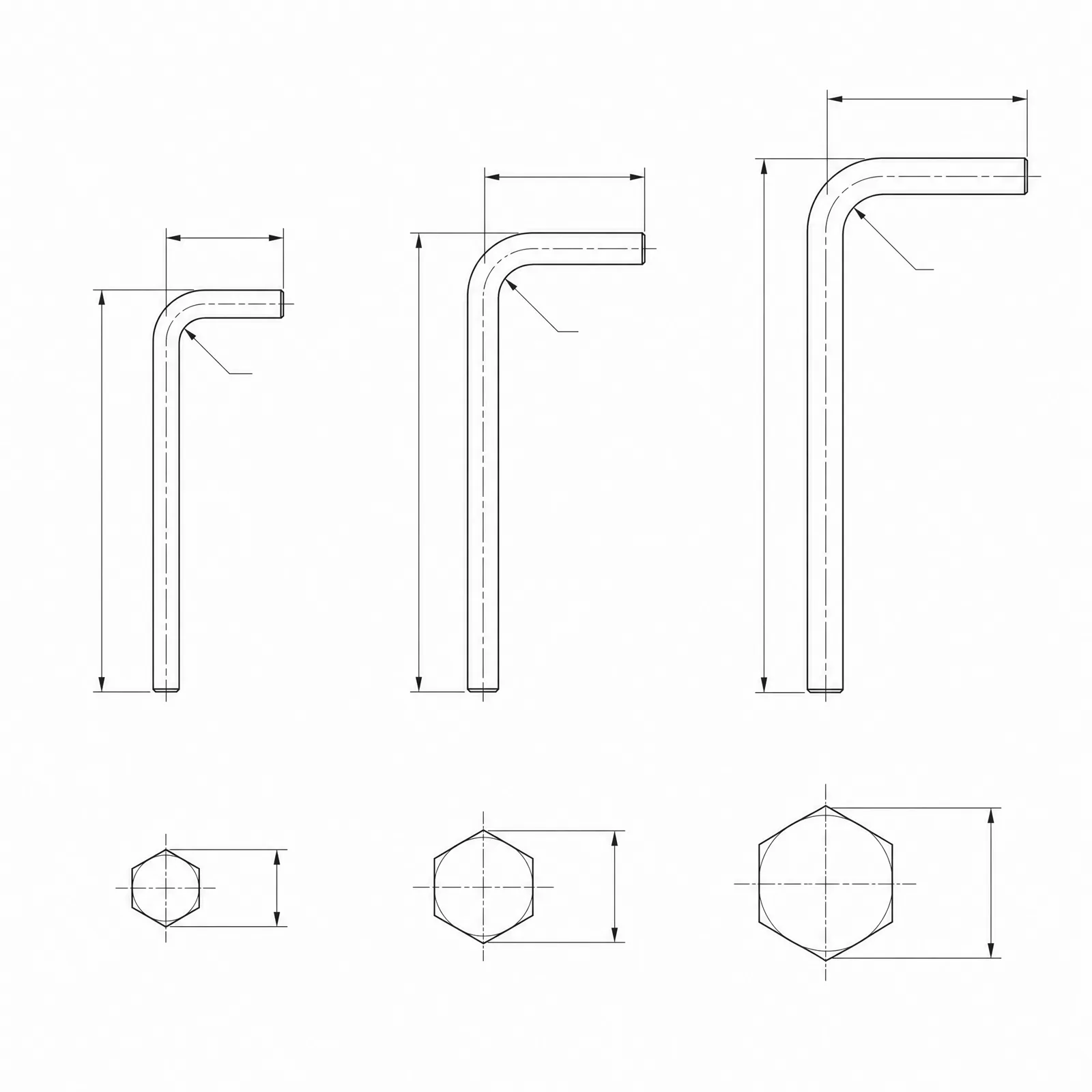 CAD line drawing of a hex key set
